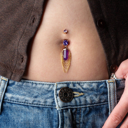 Amethyst Crystal with 4 Tiered Dangling Chains Belly Button Ring - 316L Stainless Steel