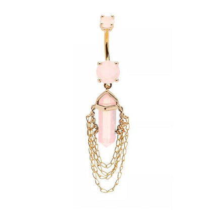 Pink Crystal with 4 Tiered Dangling Chains Belly Button Ring - 316L Stainless Steel