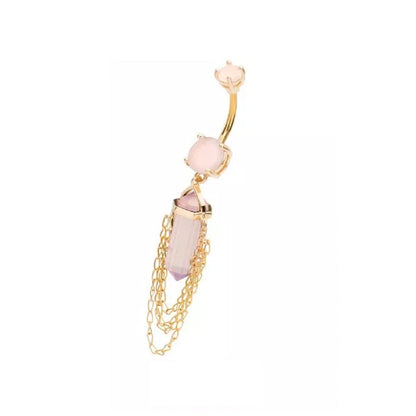 Pink Crystal with 4 Tiered Dangling Chains Belly Button Ring - 316L Stainless Steel