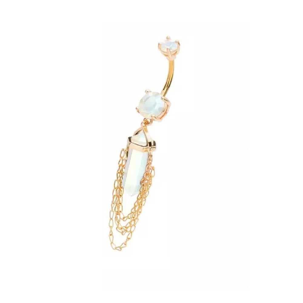 White Opalite Crystal with 4 Tiered Dangling Chains Belly Button Ring - 316L Stainless Steel