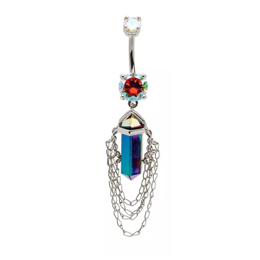 Aurora Borealis Crystal with 4 Tiered Dangling Chains Belly Button Ring - 316L Stainless Steel