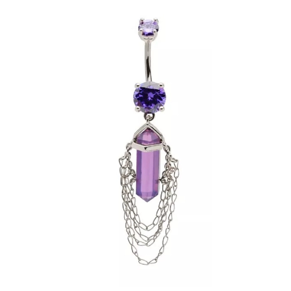 Amethyst Crystal with 4 Tiered Dangling Chains Belly Button Ring - 316L Stainless Steel