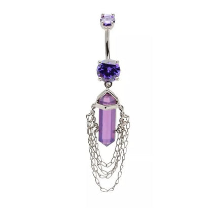 Amethyst Crystal with 4 Tiered Dangling Chains Belly Button Ring - 316L Stainless Steel