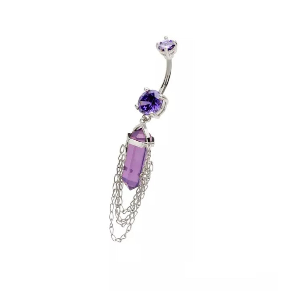 Amethyst Crystal with 4 Tiered Dangling Chains Belly Button Ring - 316L Stainless Steel