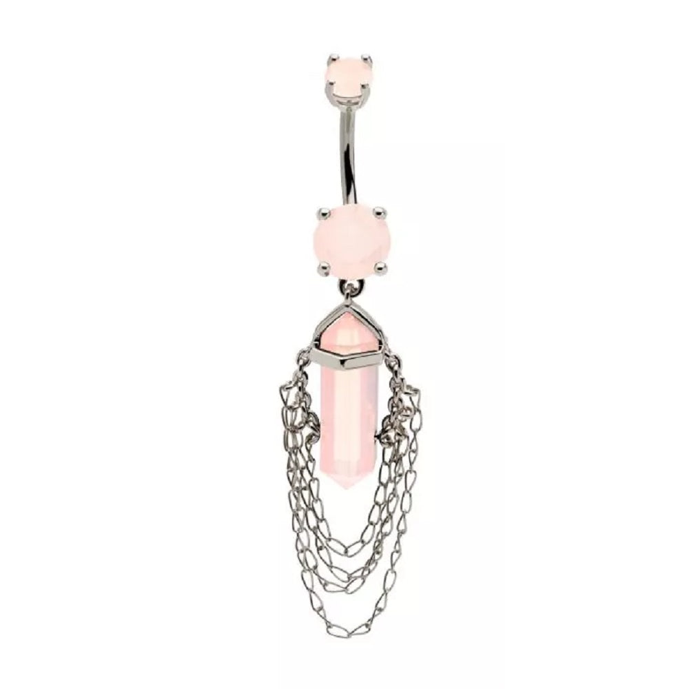 Pink Crystal with 4 Tiered Dangling Chains Belly Button Ring - 316L Stainless Steel