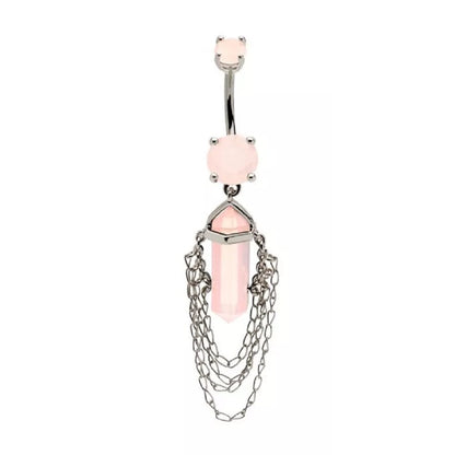 Pink Crystal with 4 Tiered Dangling Chains Belly Button Ring - 316L Stainless Steel