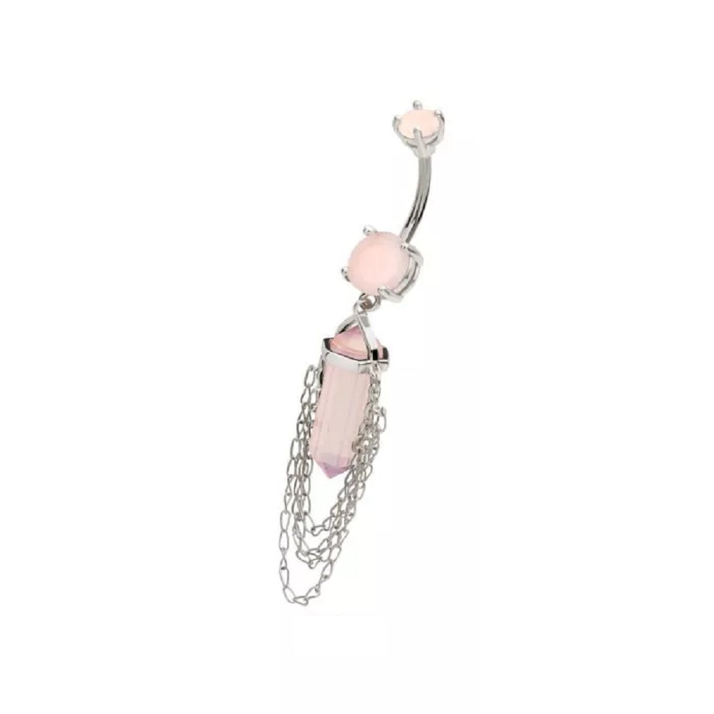 Pink Crystal with 4 Tiered Dangling Chains Belly Button Ring - 316L Stainless Steel