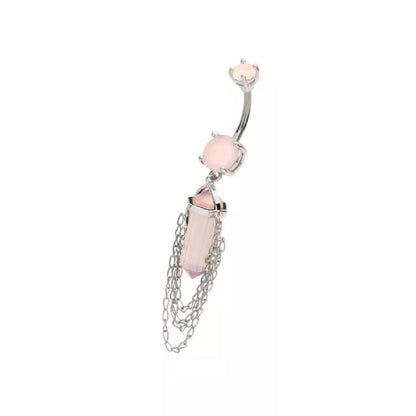 Pink Crystal with 4 Tiered Dangling Chains Belly Button Ring - 316L Stainless Steel