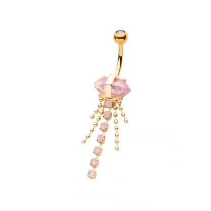 Pink Crystal with Dangling Gems and Beads Belly Button Ring - 316L Stainless Steel