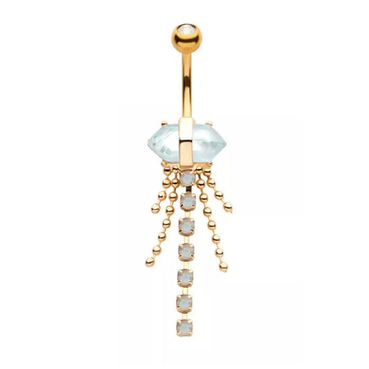 White Opalite Crystal with Dangling Gems and Beads Belly Button Ring - 316L Stainless Steel