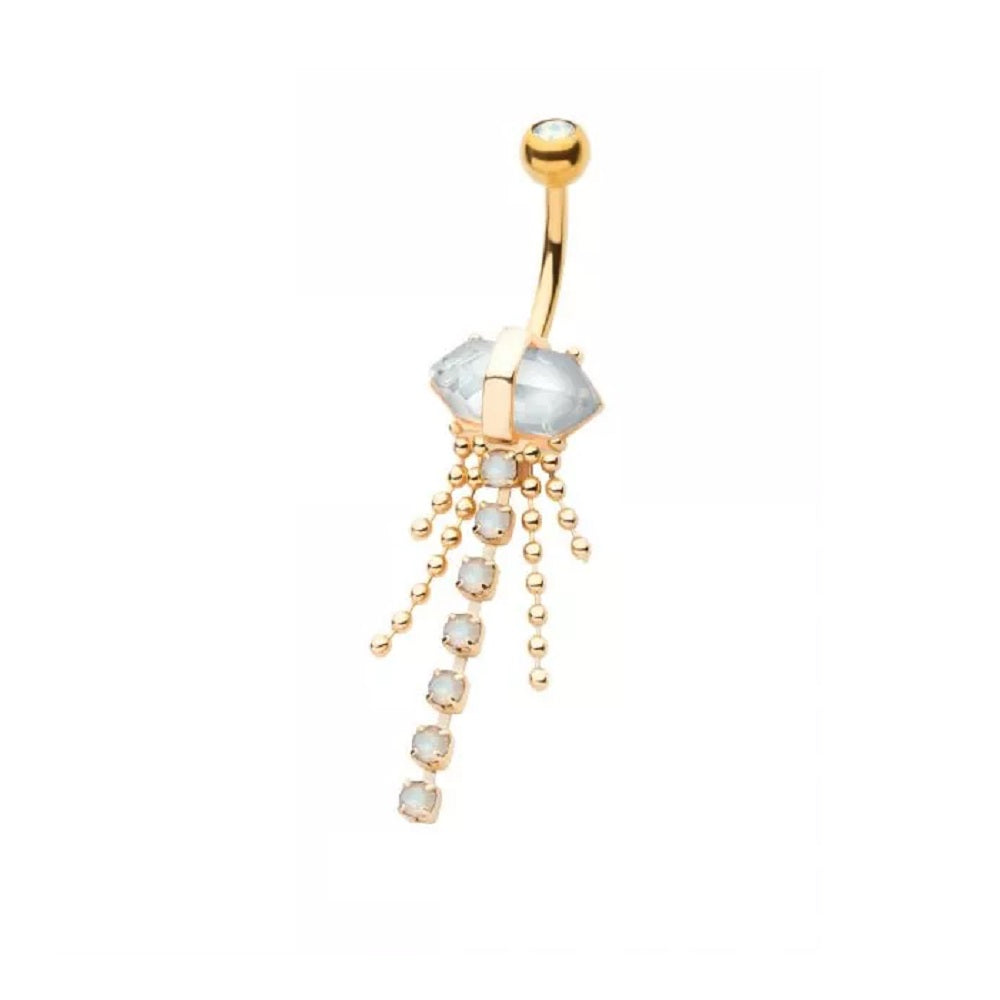 White Opalite Crystal with Dangling Gems and Beads Belly Button Ring - 316L Stainless Steel