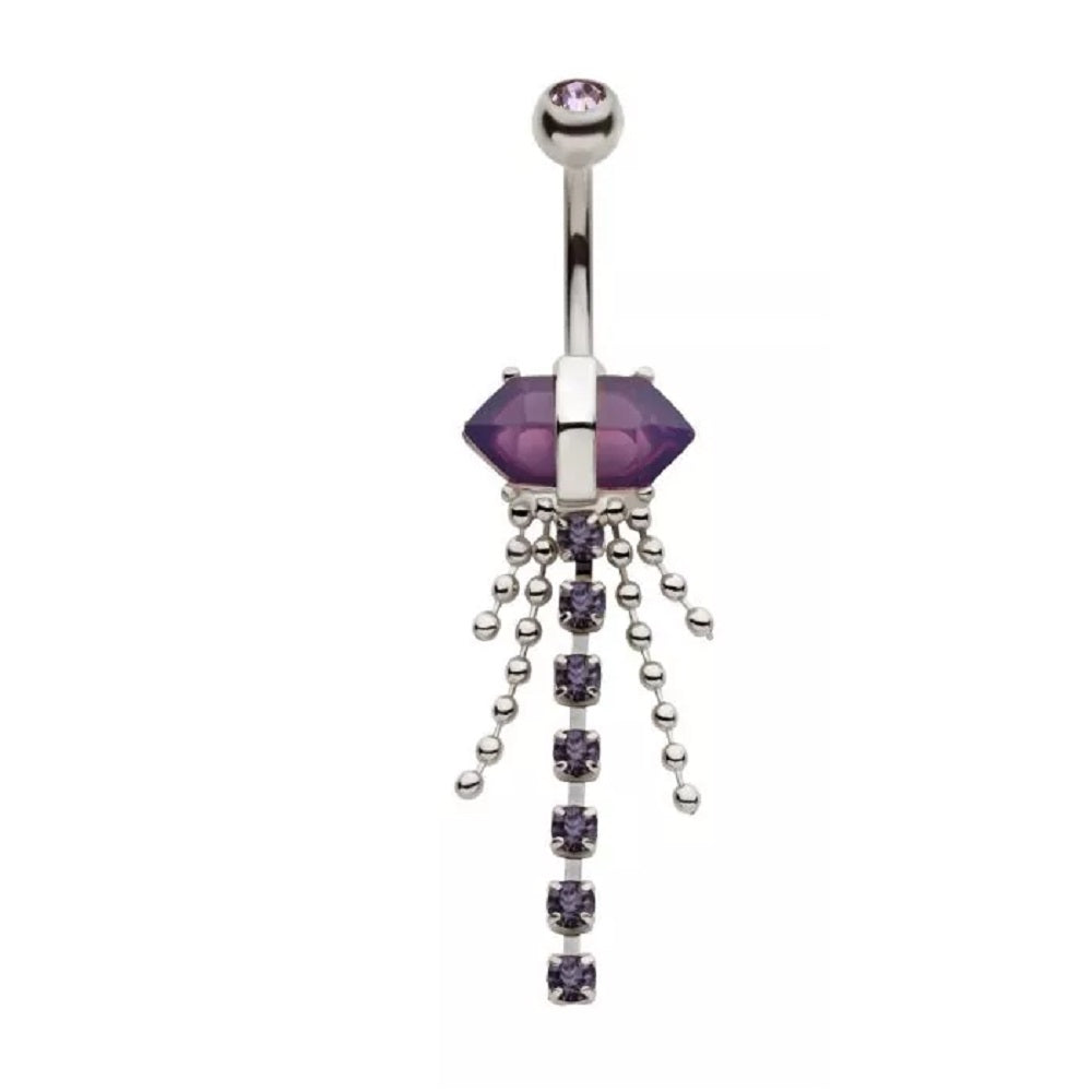 Amethyst Crystal with Dangling Gems and Beads Belly Button Ring - 316L Stainless Steel