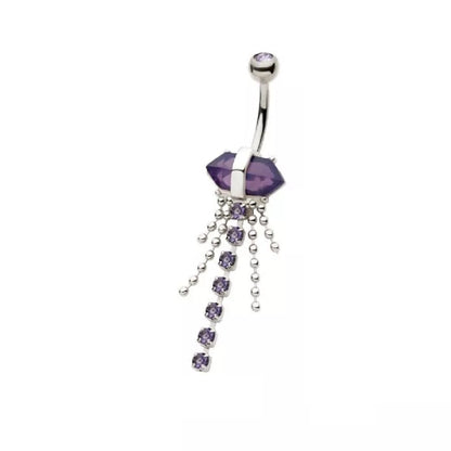 Amethyst Crystal with Dangling Gems and Beads Belly Button Ring - 316L Stainless Steel