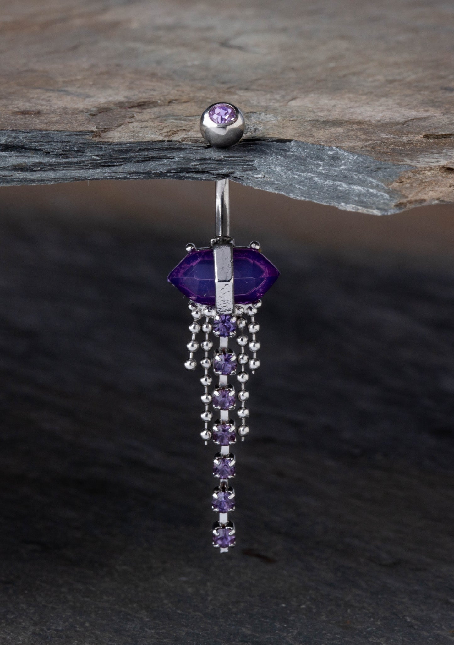 Amethyst Crystal with Dangling Gems and Beads Belly Button Ring - 316L Stainless Steel