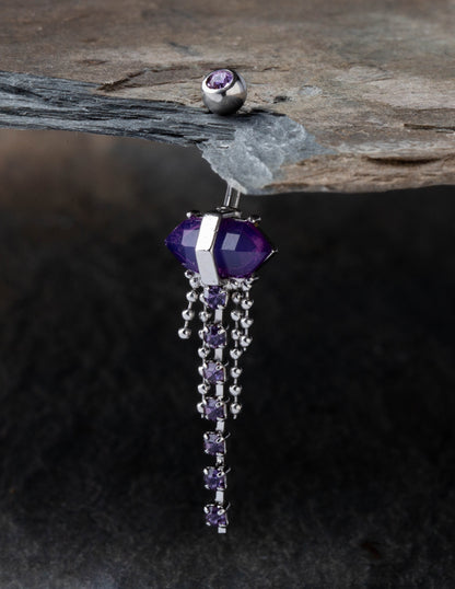 Amethyst Crystal with Dangling Gems and Beads Belly Button Ring - 316L Stainless Steel