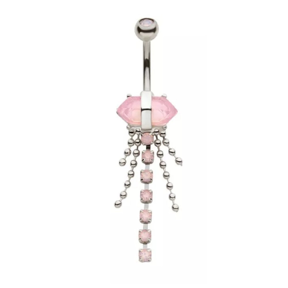 Pink Crystal with Dangling Gems and Beads Belly Button Ring - 316L Stainless Steel