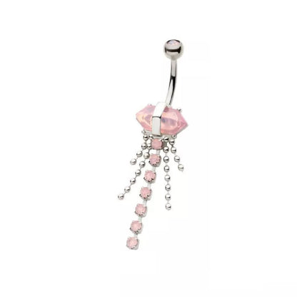 Pink Crystal with Dangling Gems and Beads Belly Button Ring - 316L Stainless Steel