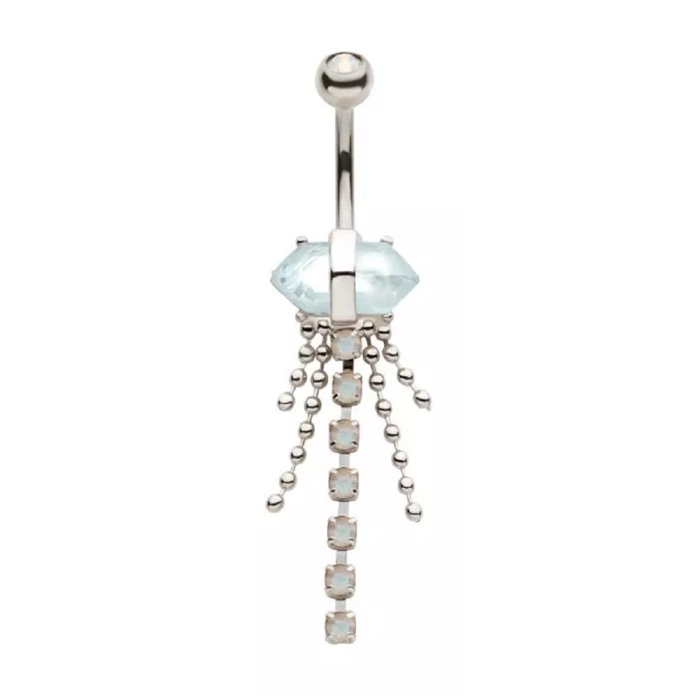 White Opalite Crystal with Dangling Gems and Beads Belly Button Ring - 316L Stainless Steel