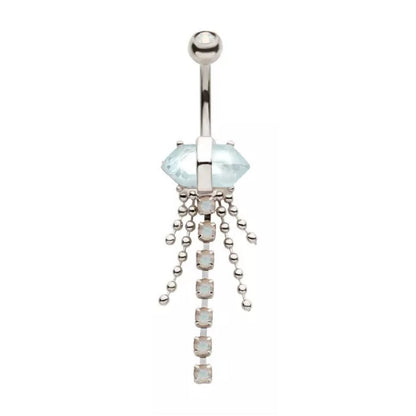 White Opalite Crystal with Dangling Gems and Beads Belly Button Ring - 316L Stainless Steel