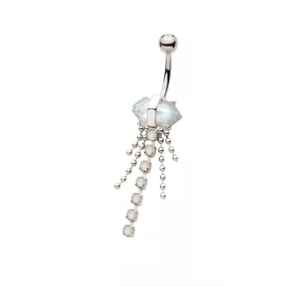 White Opalite Crystal with Dangling Gems and Beads Belly Button Ring - 316L Stainless Steel