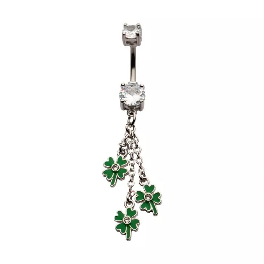 CZ Crystal Dangling Chains with Green Enamel Shamrocks Belly Button Ring - 316L Stainless Steel