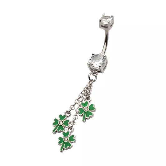 CZ Crystal Dangling Chains with Green Enamel Shamrocks Belly Button Ring - 316L Stainless Steel