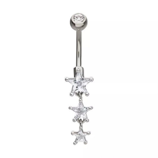 CZ Crystal Triple Star Dangling Belly Button Ring - 316L Stainless Steel