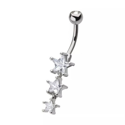 CZ Crystal Triple Star Dangling Belly Button Ring - 316L Stainless Steel