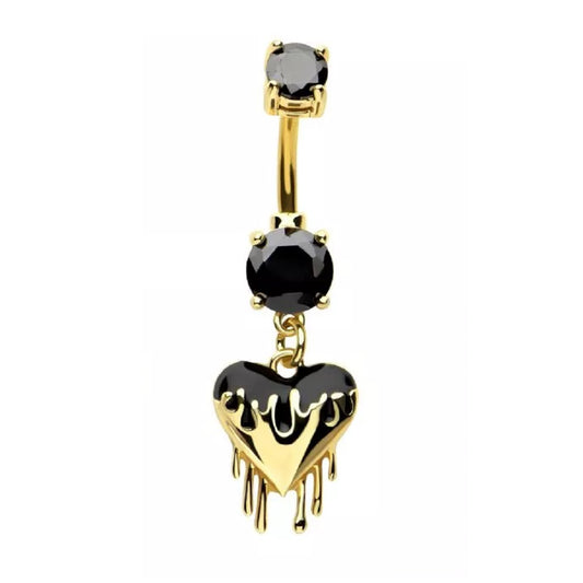 Black CZ Crystal Dripping Heart Dangling Belly Button Ring - 316L Stainless Steel