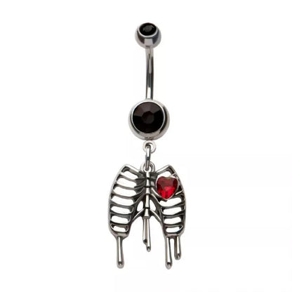 Black CZ Crystal Dangling Ribcage and Heart Belly Button Ring - 316L Stainless Steel