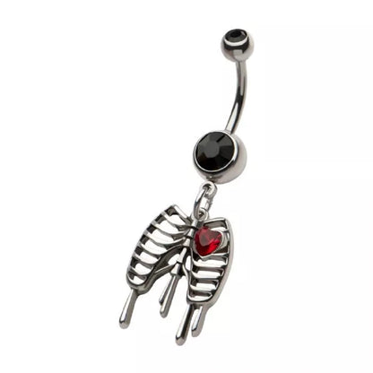 Black CZ Crystal Dangling Ribcage and Heart Belly Button Ring - 316L Stainless Steel