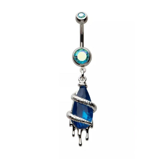 Snake Wrapped Dripping CZ Crystal Dangling Belly Button Ring - 316L Stainless Steel