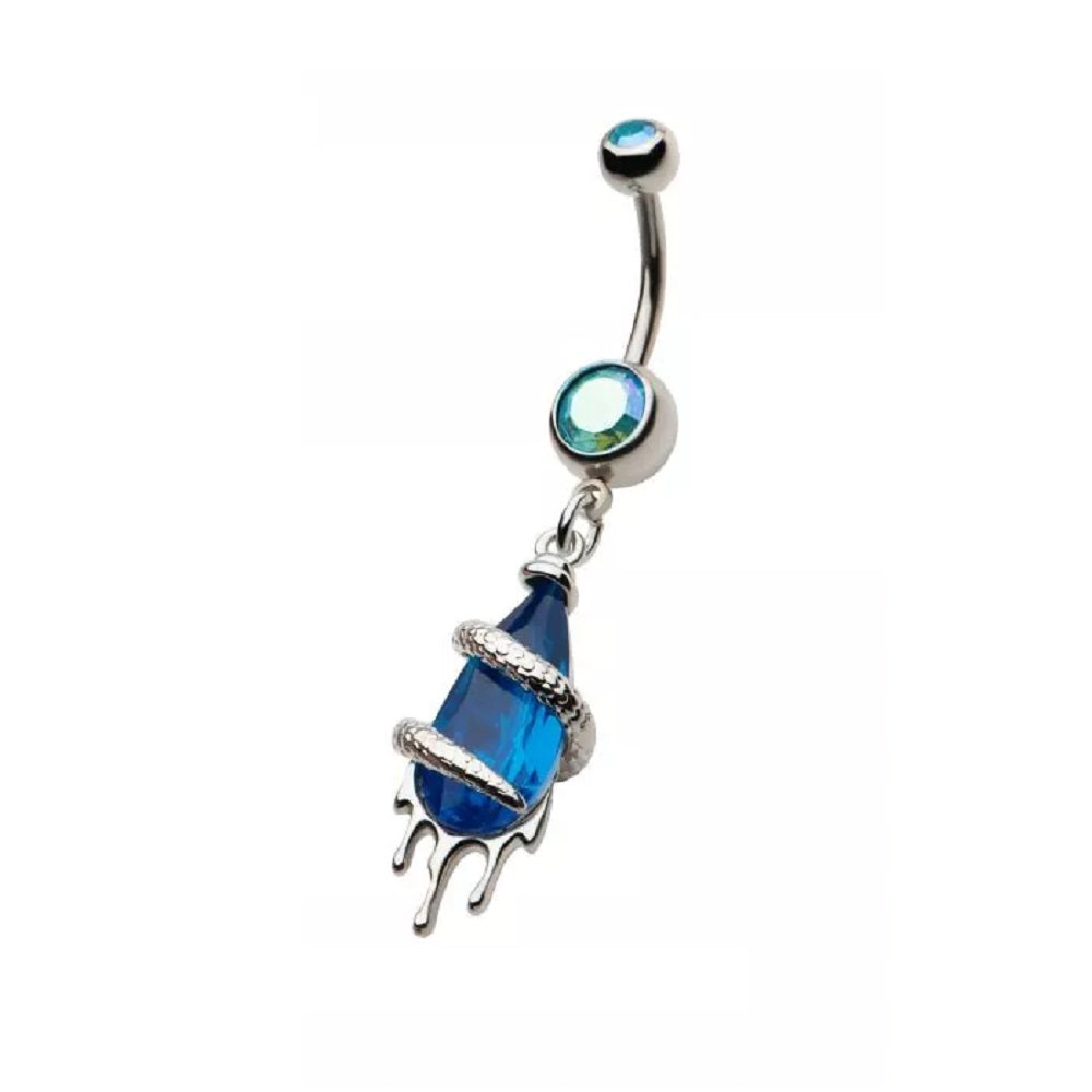 Snake Wrapped Dripping CZ Crystal Dangling Belly Button Ring - 316L Stainless Steel