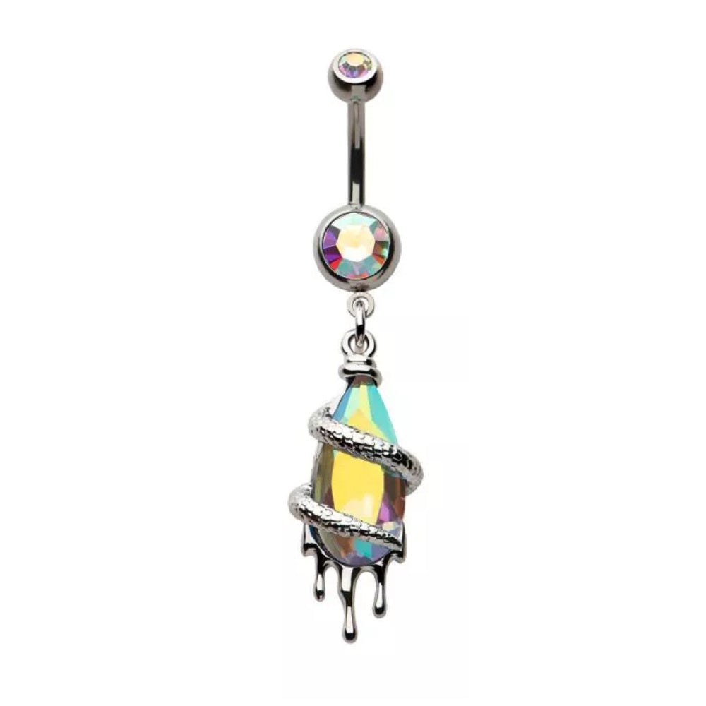 Snake Wrapped Dripping CZ Crystal Dangling Belly Button Ring - 316L Stainless Steel