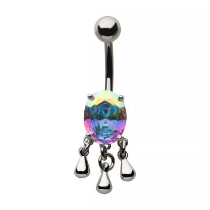 Oval Aurora Borealis CZ Crystal with Dangling Droplets Belly Button Ring - 316L Stainless Steel