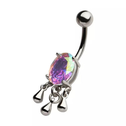 Oval Aurora Borealis CZ Crystal with Dangling Droplets Belly Button Ring - 316L Stainless Steel