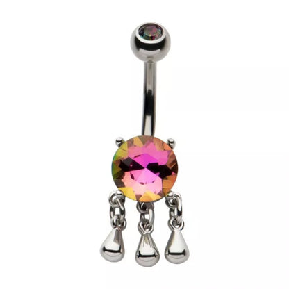 Round Vitrail Medium CZ Crystal with Dangling Droplets Belly Button Ring - 316L Stainless Steel