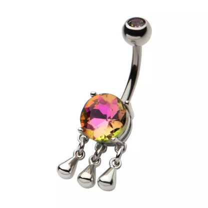 Round Vitrail Medium CZ Crystal with Dangling Droplets Belly Button Ring - 316L Stainless Steel