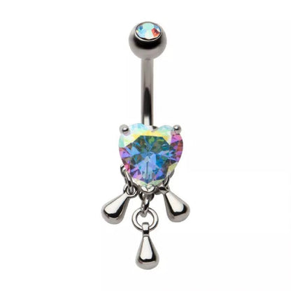 Heart Shaped Aurora Borealis CZ Crystal with Dangling Droplets Belly Button Ring - 316L Stainless Steel