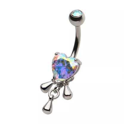 Heart Shaped Aurora Borealis CZ Crystal with Dangling Droplets Belly Button Ring - 316L Stainless Steel