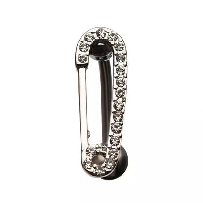 CZ Crystal Safety Pin Top Down Reverse Belly Button Ring - 316L Stainless Steel