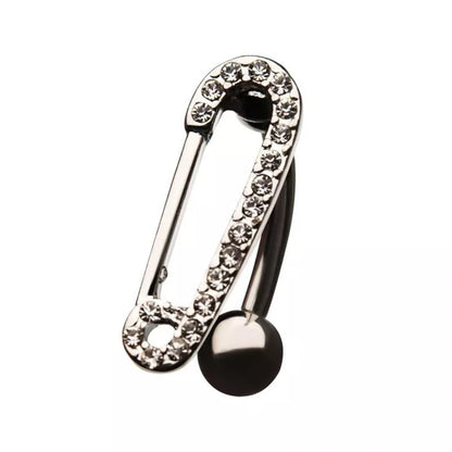 CZ Crystal Safety Pin Top Down Reverse Belly Button Ring - 316L Stainless Steel