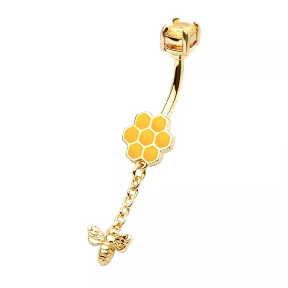 Yellow Flower with Dangling Bee Belly Button Ring - Gold Tone 316L Stainless Steel