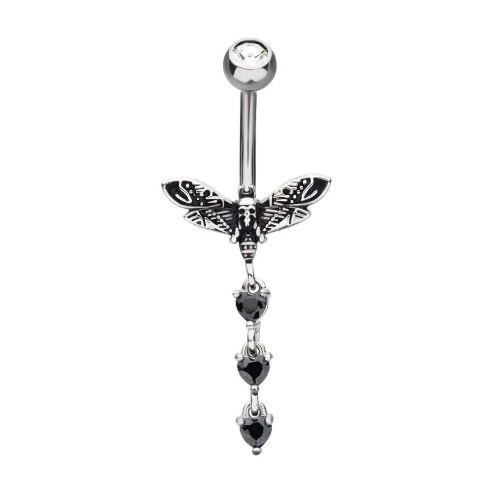 Death Moth Skull Triple Dangling CZ Crystal Heart Belly Button Ring - 316L Stainless Steel