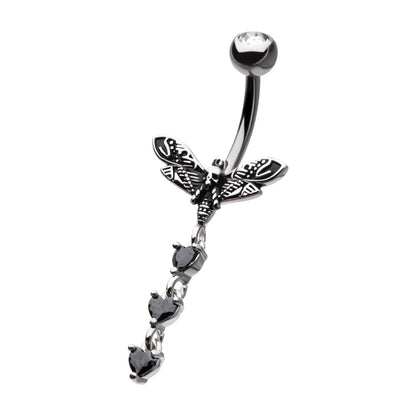 Death Moth Skull Triple Dangling CZ Crystal Heart Belly Button Ring - 316L Stainless Steel