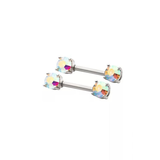 Prong Set CZ Crystal Ends Nipple Barbells - Pair - 316L Stainless Steel