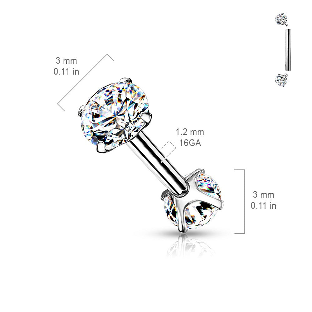Internally Threaded Prong Set CZ Crystal Ends Cartilage Helix Conch Ear Lobe Barbell
 - Stainless Steel