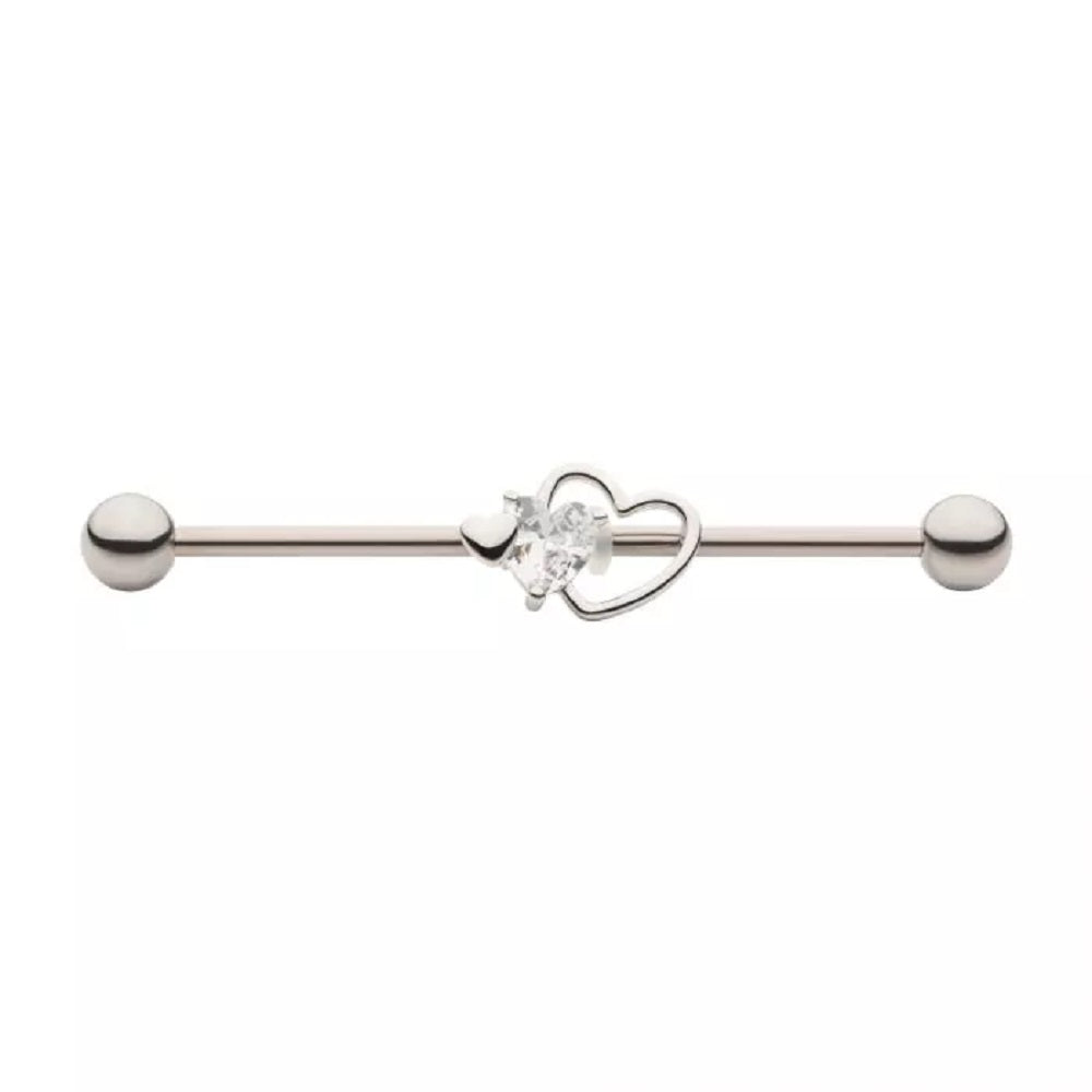 CZ Crystal Triple Heart Industrial Barbell - 316L Stainless Steel