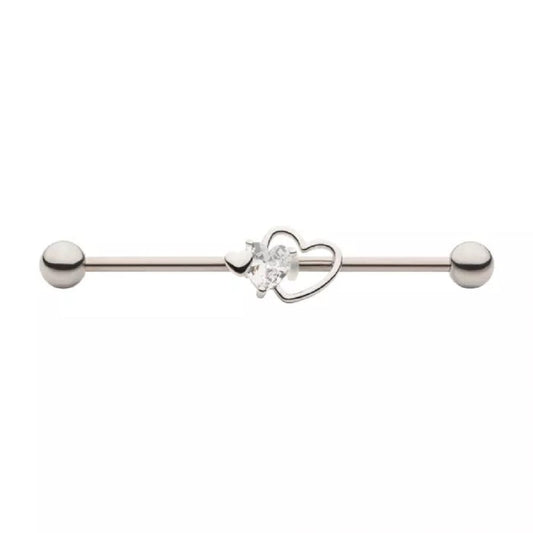 CZ Crystal Triple Heart Industrial Barbell - 316L Stainless Steel