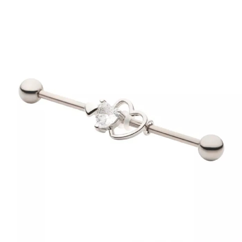 CZ Crystal Triple Heart Industrial Barbell - 316L Stainless Steel